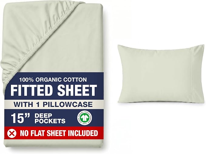 LANE LINEN Twin XL Fitted Sheet, 100% Organic Cotton 2-Piece Set (1 Fitted Sheet, 1 Pillowcase), Percale Weave, Bottom Sheet, Soft, Breathable, Fits Mattress Upto 15" Deep - Mineral (No Flat Sheet)