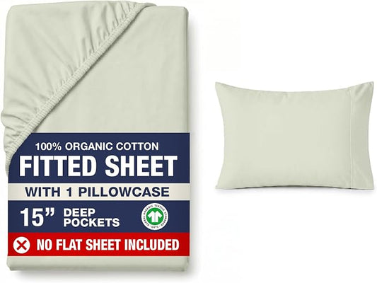 LANE LINEN Twin XL Fitted Sheet, 100% Organic Cotton 2-Piece Set (1 Fitted Sheet, 1 Pillowcase), Percale Weave, Bottom Sheet, Soft, Breathable, Fits Mattress Upto 15" Deep - Mineral (No Flat Sheet)