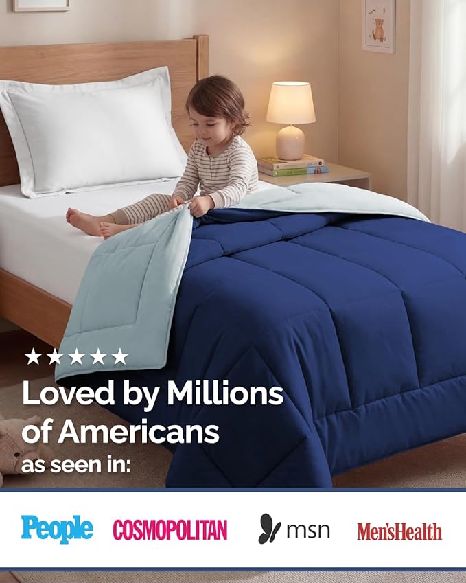 Twin Size, Navy Blue/SkyBlue Alternative Down Comforter - Warm, Lightweight & Breathable Hotel Quality Bedding Set for Men, Women, Kids & Teens - All Season Cooling Microfiber Duvet Insert Comforter
