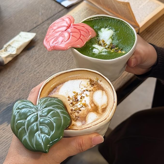 7oz Hand-Painted Leaf Handle Ceramic Coffee Mug, Microwave Dishwasher Safe Tea Cup for Women, Gift for Birthday Christmas Housewarming, Green