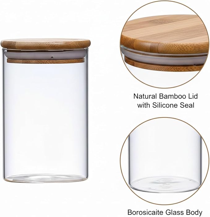 Borosilicate Glass Storage Jars with Bamboo Lids, Clear Kitchen Canisters for Pantry Organization of Dry Goods, Coffee, Tea, and Grains