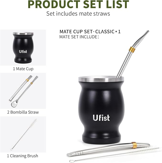 Yerba Mate Cup Set, Includes Stainless Steel Argentina Classic 8.4 oz Mate Gourd, 2pcs Bombilla Straws and Clean Brush (Black)