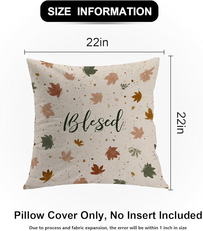 Shrahala Blessed Autumn Leaves Decorative Throw Pillow Cover, Cozy Autumn Leaf Pattern Square Pillowcase Blended Double-Sided No Inserts for Bedroom Living Room Set of 2 (22 x 22 in)