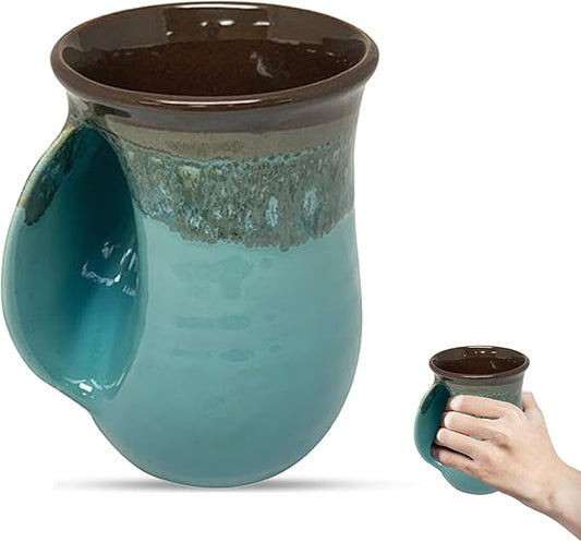 Clay in Motion Hand Warmer Coffee Mug – Handmade Coffee Mug With Comfortable Handle Contoured Pocket Hand Warming Ceramic Coffee Mug – Proudly Made in USA – Left Handed – 14 Oz - Ocean Tide