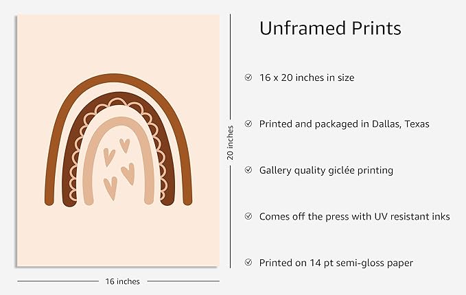 Y2K BOO Boho Nursery Rainbow UNFRAMED Wall Art with Hearts Earth Tones Terracotta Brown Scandi Minimalist Style 16x20 Inch Heavyweight Paper Kids Decor