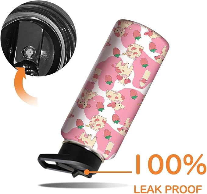 18oz Pink Cow Strawberry Water Bottle with Handle and Flip Straw,Animal Sports Stainless Steel Insulated Cup Travel Coffee Mug Tumbler, Birthday Mothers Day Chritmas Gifts for Women