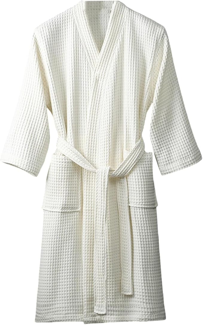 Men & Women Long Sleeve Kimono Bathrobe Lightweight Waffle Absorbent Spa Robe with Belt and Pockets