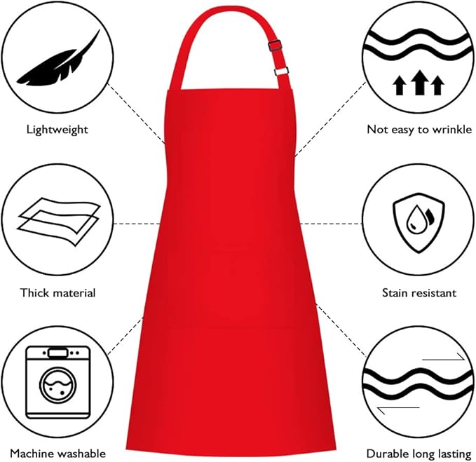 Jubatus 2 Pack 100% Cotton Aprons with 2 Pockets Cooking Chef Kitchen Adjustable Bib Apron for Women Men, Red