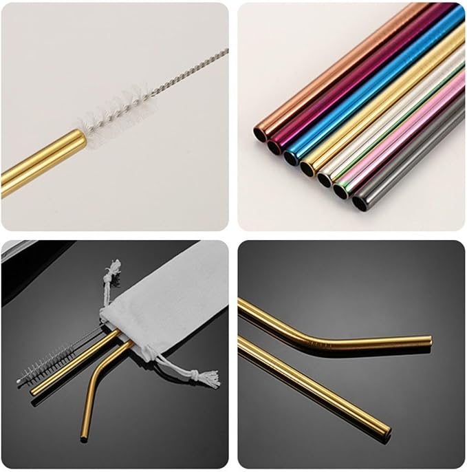 304 Stainless Steel Blue Reusable Straw Set (10 Inch), Titanium Plated Metal Straws with Wheat Case & Cleaning Brush, 2 Straight & 1 Bent Straws for Iced Coffee, Smoothies & Bubble Tea