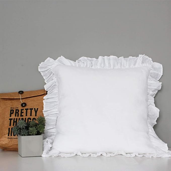 100% French Linen Throw Pillow Covers - Set of 2 - Washed Flax Decorative Ruffled Square Cushion Cover Solid Color Soft Breathable - White, 18'' x 18''