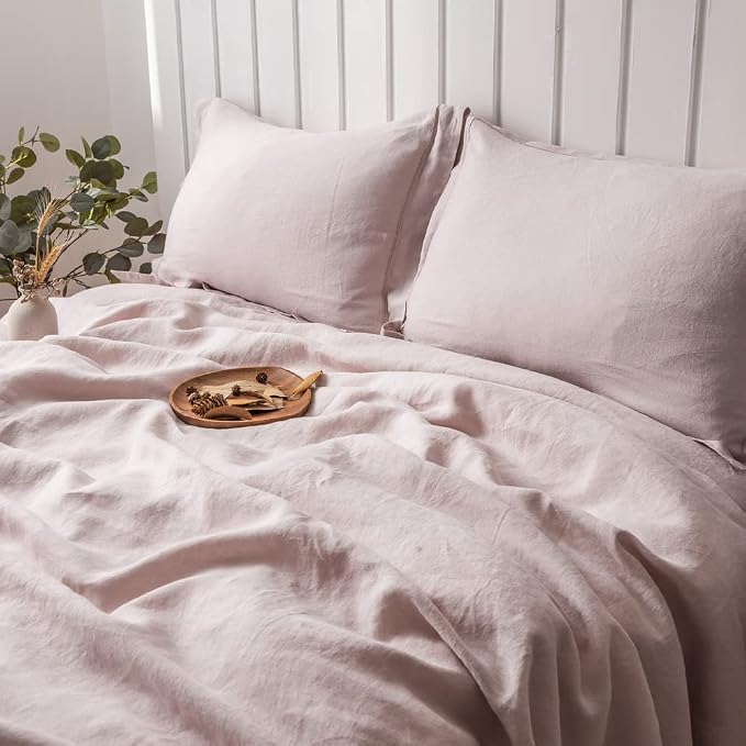 Simple&Opulence 100% Washed Linen Duvet Cover with Embroidered, 3 Pieces Soft Farmhouse Comforter Set with Button Closure,1 Duvet Cover and 2 Pillowshams(King, Dusty Pink)