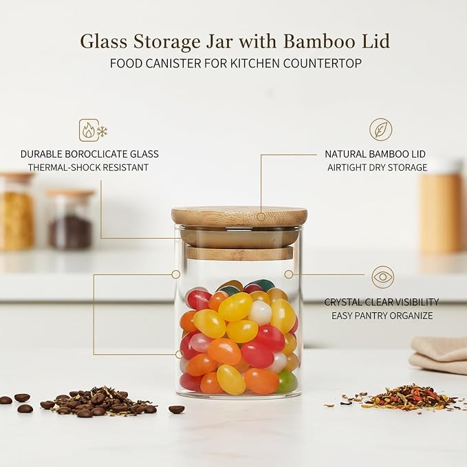 Borosilicate Glass Storage Jar with Bamboo Lid, Airtight Dry Food Canister for Kitchen Pantry & Countertop Organization