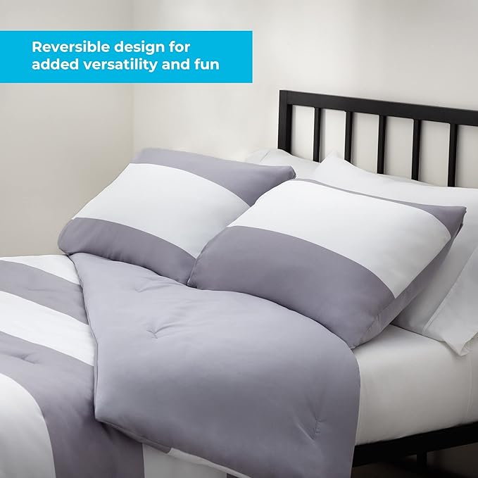 LINENSPA All Season Hypoallergenic Down Alternative Microfiber Comforter, California King, Gray/White