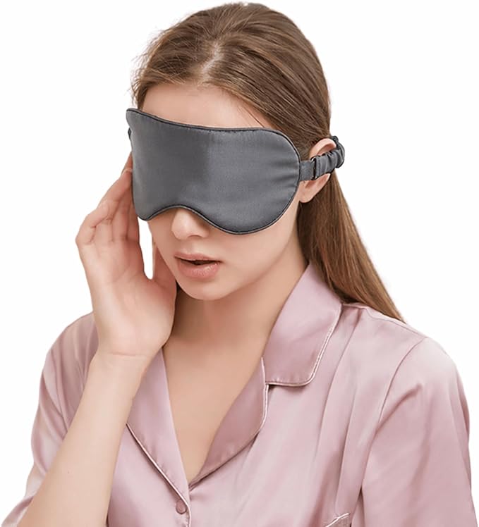 100% Mulberry Silk Sleep Mask for Women/Men Airplane Travel, Pure 22 Momme Silk Eye Mask Blackout for Sleeping, Ajustable, Luxury, Anti Wrinkle, Anti Aging Silk Blindfold, Made in USA (Slate Gray)