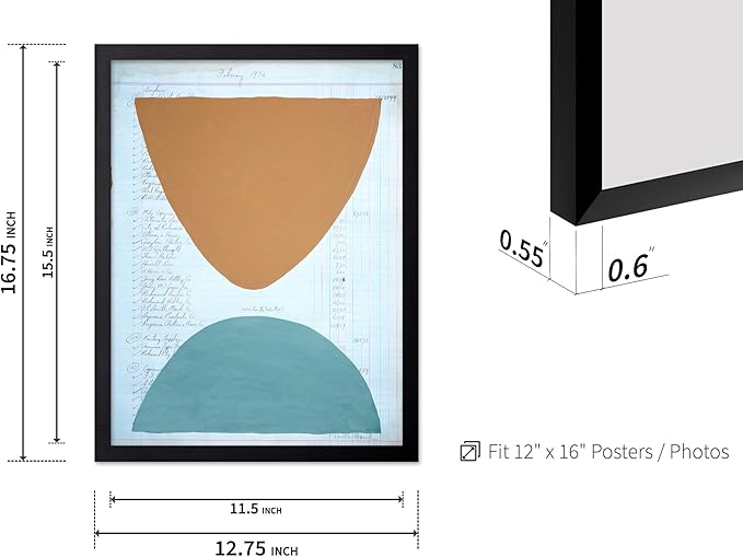 Monem Art Abstract Ledger Paper Geometric Print - Modernist Organic Shapes Art Poster - Wall Decor for Office, Living Room or Studio - 12x16 Black Framed Wall Art by Renee Stramel