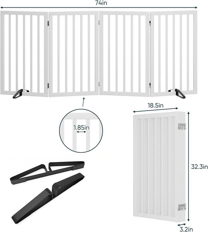 Semiocthome Freestanding Dog Gate 32" Tall, 4-Panel Foldable Dog Gates for Doorways Stairs House, Pet Gate Indoor with 2 Metal Stands, White
