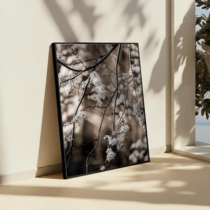 Monem Art Cherry Blossom Branch Photography Print - Moody Botanical Nature Art Poster - Wall Decor for Living Room, Bedroom or Office - 16x20 Black Framed CANVAS Wall Art by Mareike Bohmer
