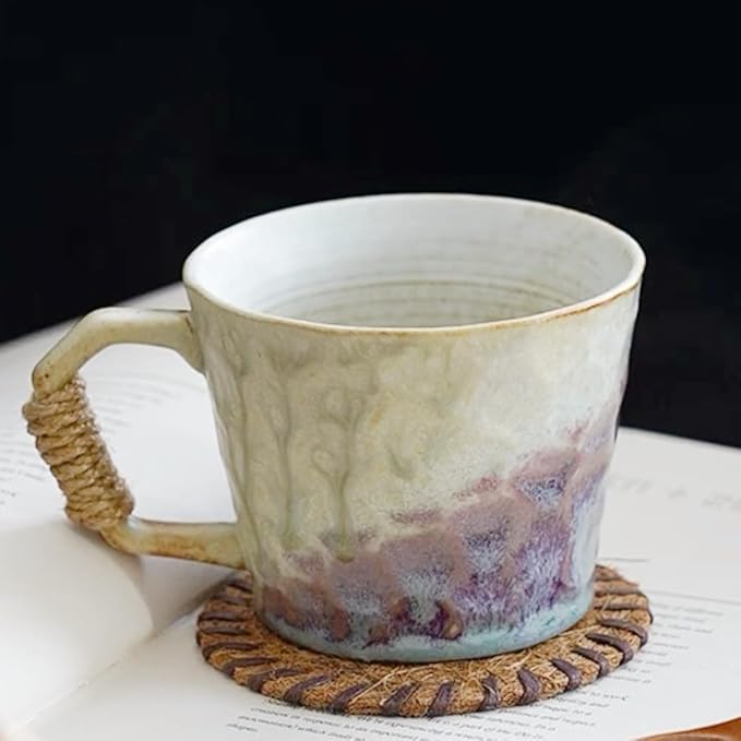 10oz Retro Vintage Japanese Style Handmade Ceramic Tea Cup with Handle, Lead-Free Reactive Glaze Artisanal Coffee Mug, Handmade Pottery Tea Mug for office and home,for Latte and Cappuccino,Purple