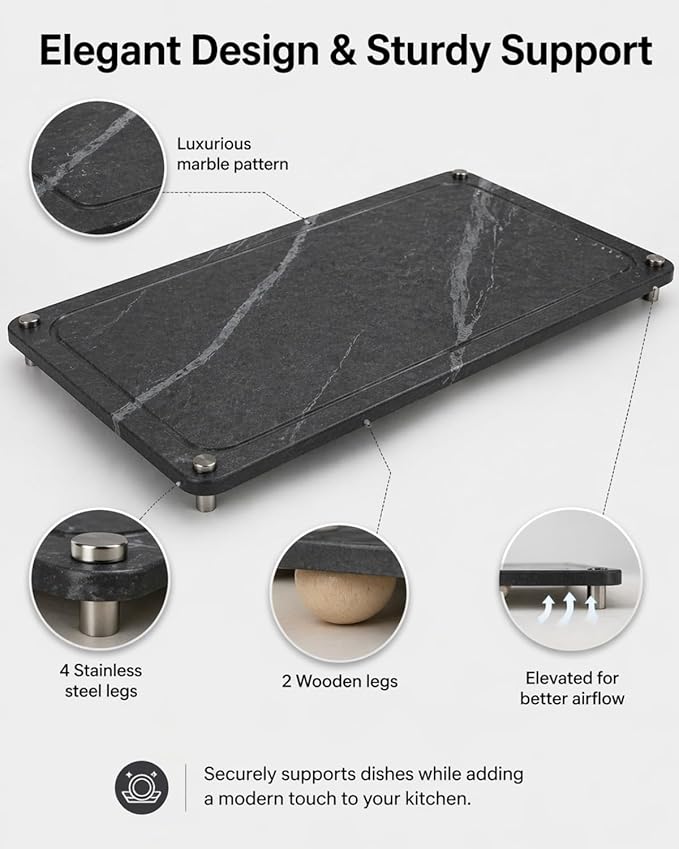 Large Stone Drying Mat for Kitchen Counter - 24”*16” Marble Veining Quick Drying Fast Absorbent Drying Mat, Natural Diatomaceous Earth Dish Drying Mat