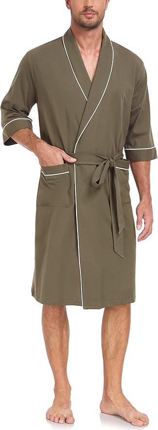 COLORFULLEAF 100% Cotton Men’s Summer Bathrobe Lightweight & Breathable Short Sleeve Kimono Robe with Pockets