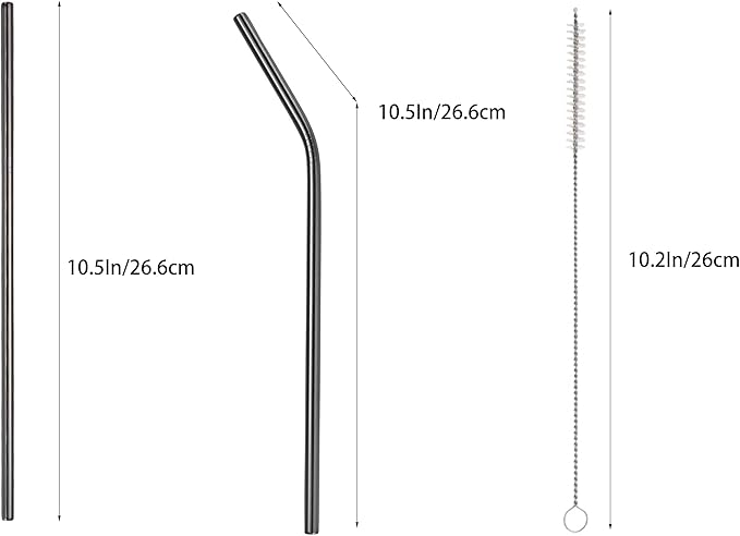 10 Pcs Stainless Steel Straws, Reusable Drinking Straws, 5 Straight + 5 Bent Metal Straws Set With 2 Pcs Cleaning Brushes (Black, 10.5 Inch)
