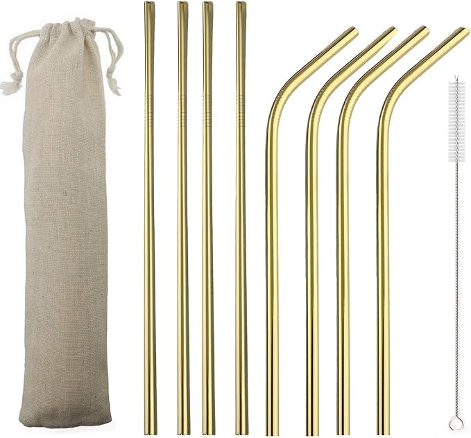 JASHII 2 Set Reusable Portable Metal Straws Stainless Steel Eco-friendly Drinking Straw with Travel Cloth Bag (4 Bent 4 Straight 2 Brush),Gold