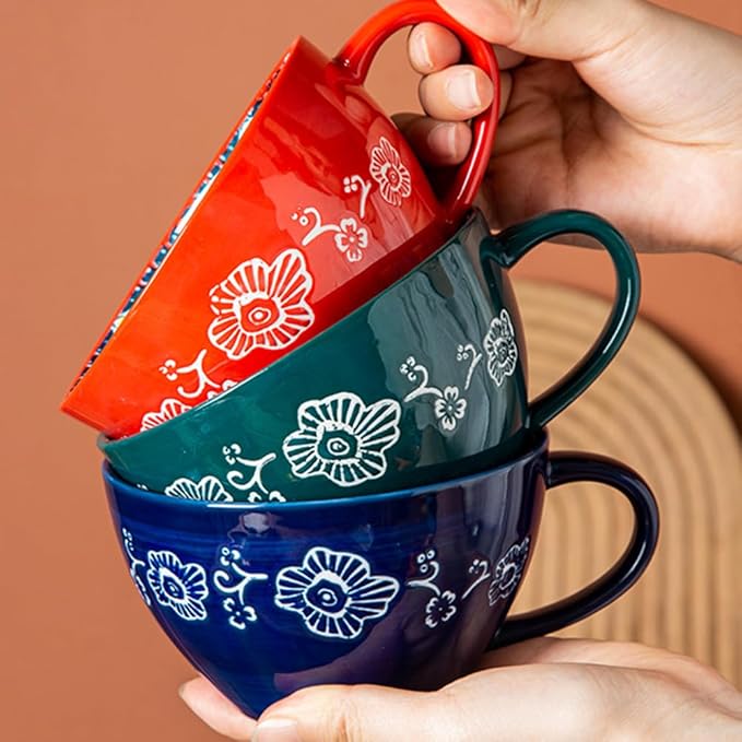 Bohemian Hand-Painted Ceramic Mug, 15 Oz Large Coffee Cup for Milk, Tea, and Breakfast, Dishwasher & Microwave Safe Artisan Cup, Green-J