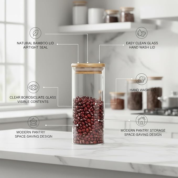 Borosilicate Glass Storage Jar with Bamboo Lid, Airtight Dry Food Canister for Kitchen Pantry & Countertop Organization