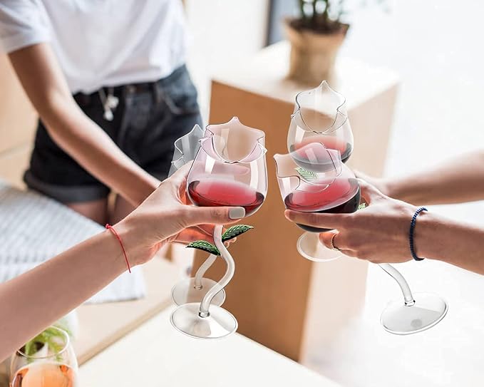 Rose Flower Wine Glasses, Creative Red Wine Glass Set of 2 Rose Flower Goblet Wine Cocktail Juice Glass for Party Dinner Wedding Festival Kitchen Bar Celebration (100ml，2Pcs)