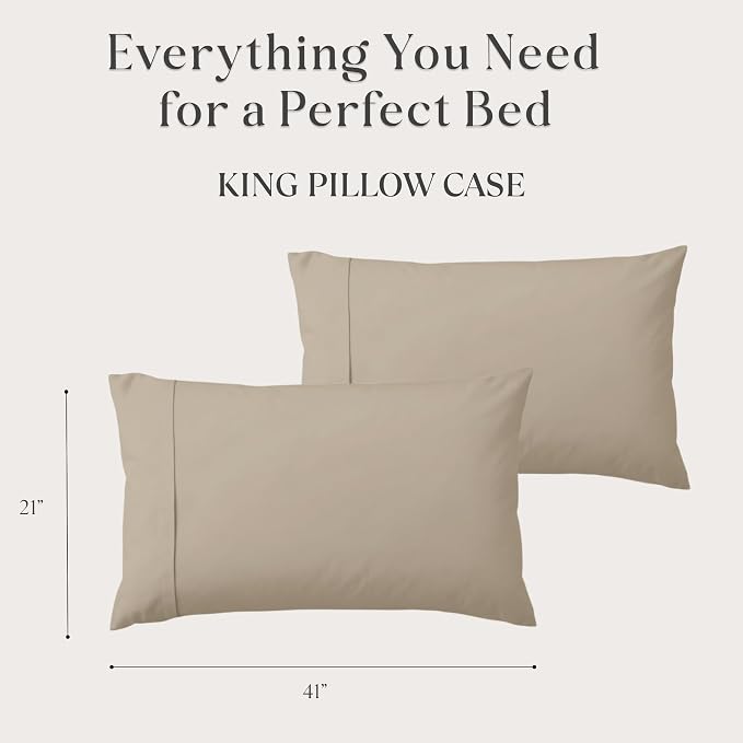 Delilah Home 100% Organic Cotton King Pillow Case, GOTS & Vegan.org Verified, Long Stem 300 TC Sateen Bedding, Non-Synthetic, Deep Pocket Fitted Linen, Lightweight, All-Season, 2 Pieces Set - Beige