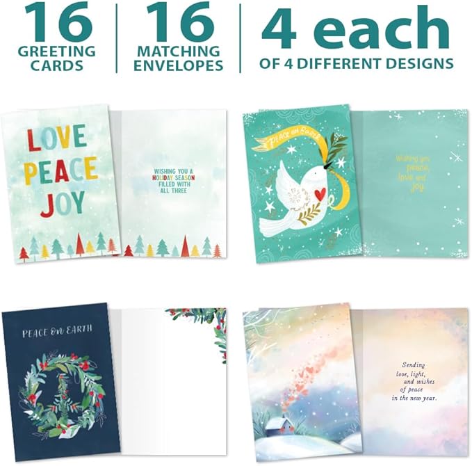 Tree-Free Greetings - Season's Greeting Cards - Artful Designs - 16 Assorted Cards + Matching Envelopes - Made in USA - 100% Recycled Paper - 5"x7" - Peace on Earth (GP60507)