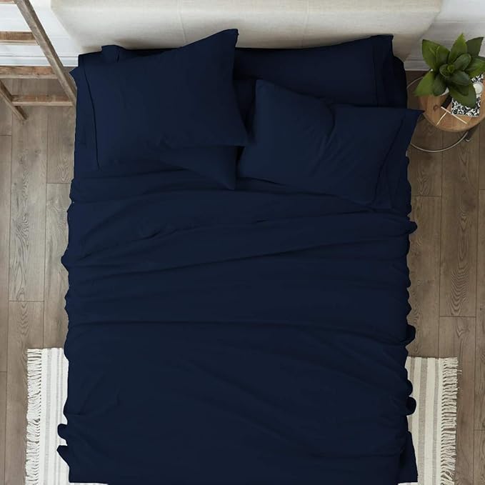 100% Organic Cotton Bed Sheets 800-Thread-Count, 16-Inch Deep-Pocket, Luxury Breathable Crisp 5-Piece Bed Sheet Set (1 Flat Sheet, 2 Fitted Sheet, 2 Pillowcases) - Split King, Navy Blue