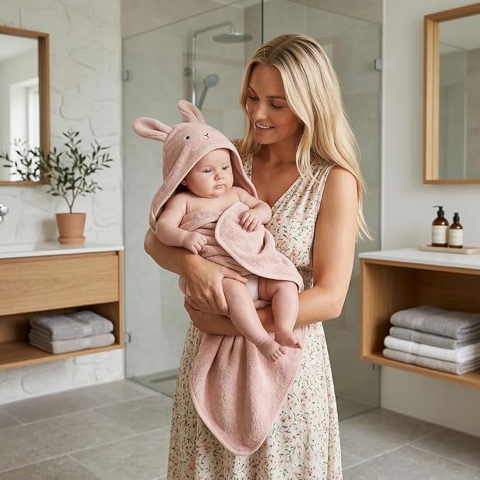 Hooded Baby Towel – 100% Organic Cotton Baby Bath Towels – Baby Girl Newborn Essentials - Super-Soft and Absorbent. (Rabbit - Blush)