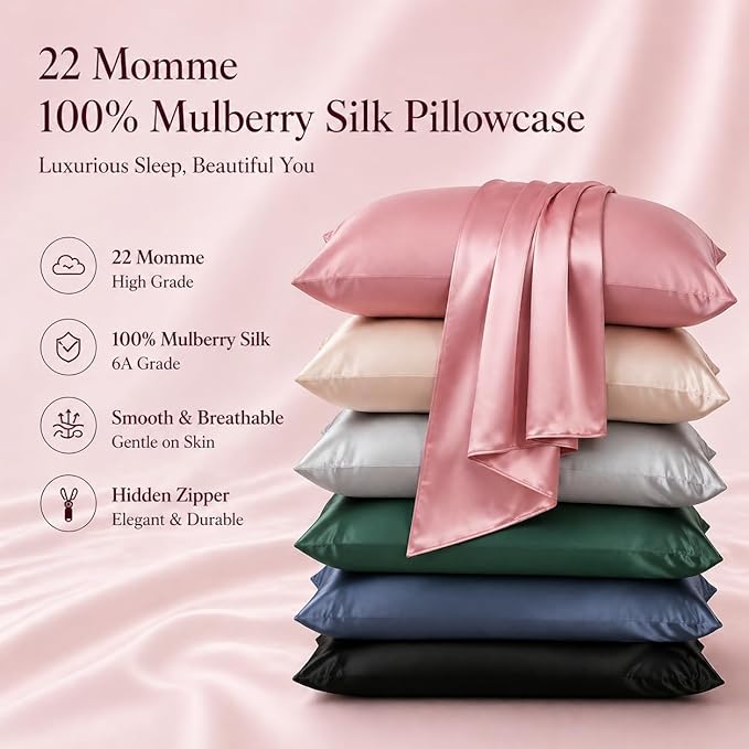 100% Mulberry Silk Pillowcase with Zipper Made in USA, Real 22 Momme Silk Pillow Cases Queen for Hair and Skin, NOT Satin Pillowcase, Anti Acne, Anti Aging, 1 Pc 20"x30" (Queen, Dusty Rose)