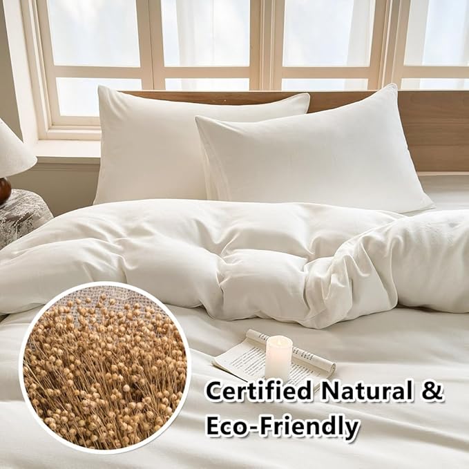 100% French Flax Linen Duvet Cover Set Queen, 3-Piece Soft Breathable Cooling Bedding for Hot Sleepers, Natural Washed Linen with Zipper Closure & 8 Corner Ties (Queen, White)