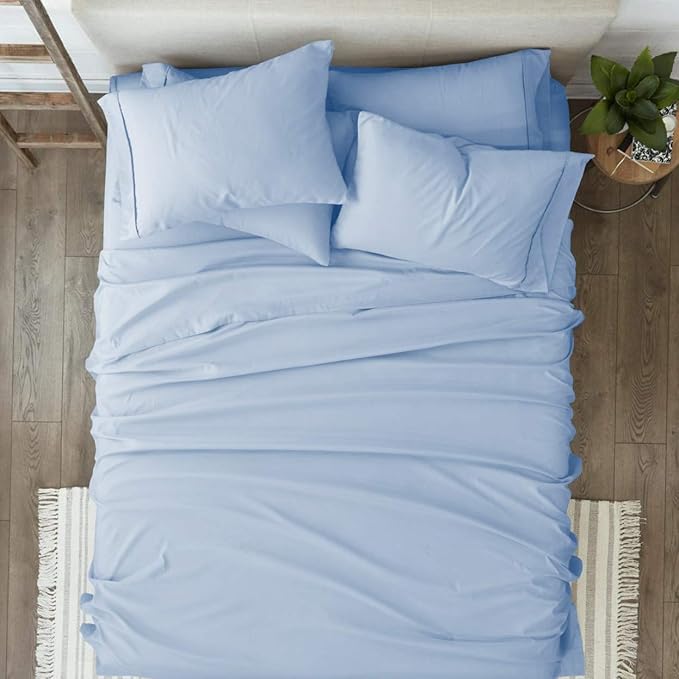 Femini Fashion 100% Organic Cotton Bed Sheets 800-Thread-Count, 16-Inch Deep-Pocket, Luxury Breathable Crisp 4-Piece Bed Sheet Set (1 Flat Sheet, 1 Fitted Sheet, 2 Pillowcases) - King, Light Blue