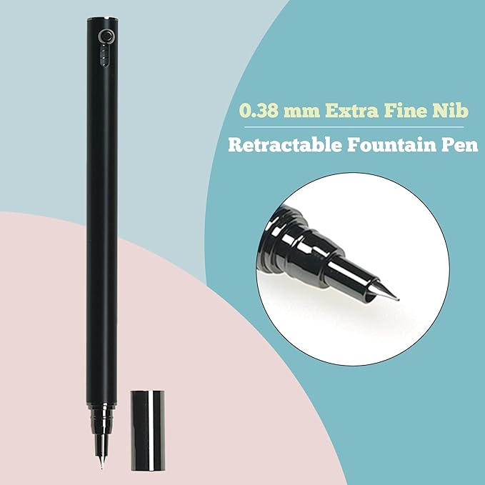 Retractable Fountain Pen – 0.38 mm Extra Fine Nib Fountain Pen, Smooth Fancy Pens with Converter, 6 Ink Cartridges & Gift Pouch for Writing (Matte black)