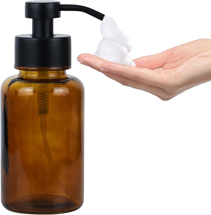 15 oz Amber-Tinted Thick Glass Foaming Soap Dispenser, Refillable Foaming Soap Dispenser with Black Rust-Proof Foam Pump, Suitable for Bathrooms and Kitchens (1, Amber)