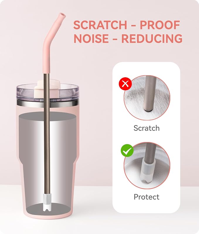 Heavy - Duty Titanium Straws 8.5" Reusable for 20 oz Tumlbers | Metal Drinking Straws for All Kinds of Hot & Cold Drinks, Eco Conscious, BPA Free with Cleaning Brush(Light Pink)