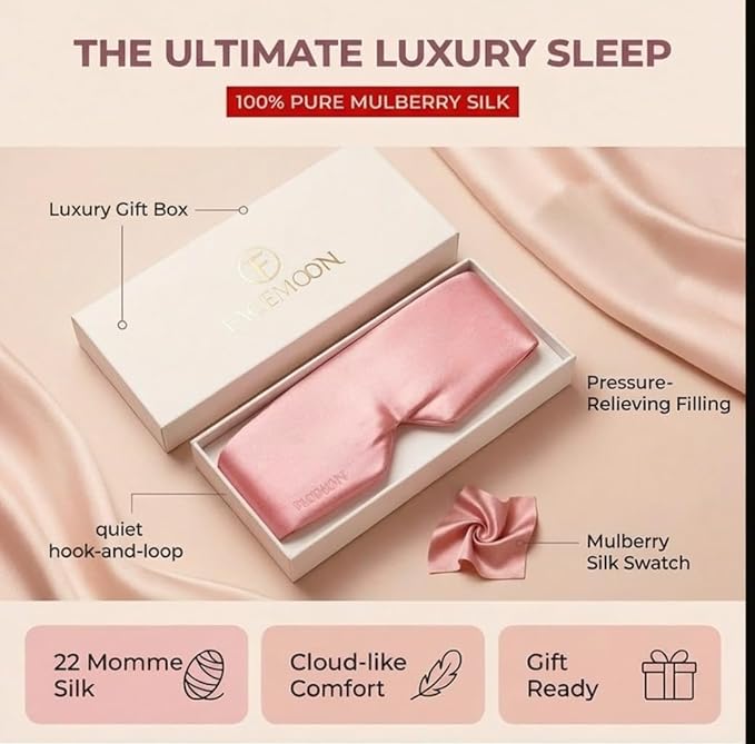Mulberry Silk Sleep Mask for Women, 100% Blackout Eye Mask for Sleeping, Full Wrap Eye Cover with Adjustable Fit, Soft on Skin and Hair, 22 Momme Pink