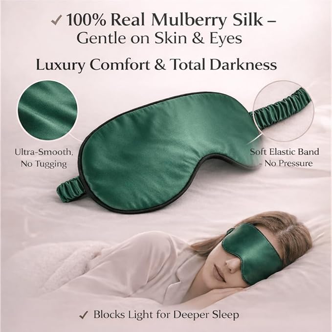 100% Mulberry Silk Sleep Mask for Women/Men Airplane Travel, Pure 22 Momme Silk Eye Mask Blackout for Sleeping, Ajustable, Luxury, Anti Wrinkle, Anti Aging Silk Blindfold, Made in USA (Emerald Green)