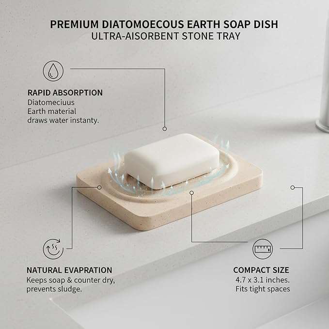 Diatomaceous Earth Soap Dish, Porous Stone Bar Soap Holder for Bathroom Sink & Counter, 4.7 x 3.1 Inch Tray