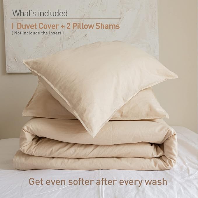 BISELINA French Linen Duvet Cover Set 3pcs with Hidden Zipper Closure Natural Flax Cotton Blend Solid Color Soft Breathable Luxury Farmhouse Bedding -Queen Size, Linen/Beige