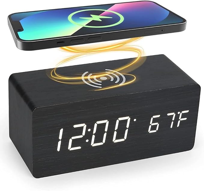 Wooden Digital Alarm Clock, with Charging Function, for Temperature for Bedroom Travel Desk Decoration, Desk Clocks for Bedside (Black)