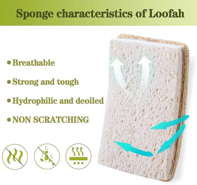 Loofah Dish Sponges Kitchen,Organic Natural Sponges for Dishes,Non Scratch Eco Friendly Biodegradable Cleaning, for Pans, Glass & Delicate Cookware,6PCS