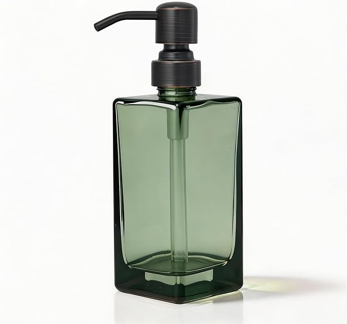 13.5 Oz Green Glass Soap Dispenser with Rust Proof Stainless Steel Pump, Antique Design Refillable Square Lotion Dispenser for Bathroom, Premium Kitchen Hand Soap (Oil Rubbed Bronze)