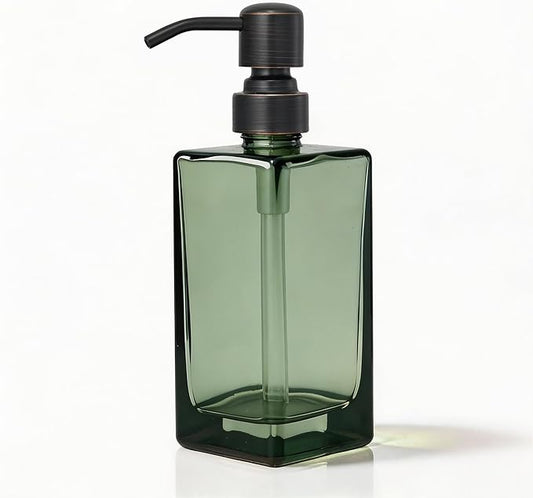 13.5 Oz Green Glass Soap Dispenser with Rust Proof Stainless Steel Pump, Antique Design Refillable Square Lotion Dispenser for Bathroom, Premium Kitchen Hand Soap (Oil Rubbed Bronze)