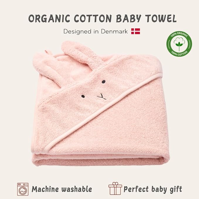 Hooded Baby Towel – 100% Organic Cotton Baby Bath Towels – Baby Girl Newborn Essentials - Super-Soft and Absorbent. (Rabbit - Blush)