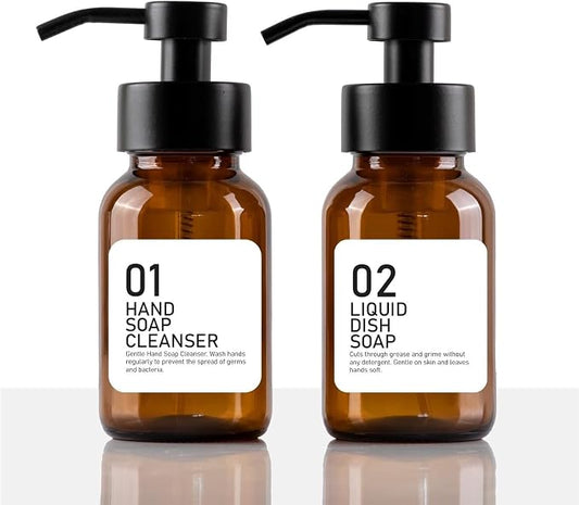 Lotion Dispenser Hand and Dish Soap Dispenser Set for Kitchen Amber Glass Bottles Soap Pump
