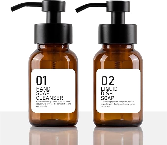 soap Dispenser Hand and Dish Soap Dispenser Set for Kitchen Amber Glass Bottles Bathroom Liquid